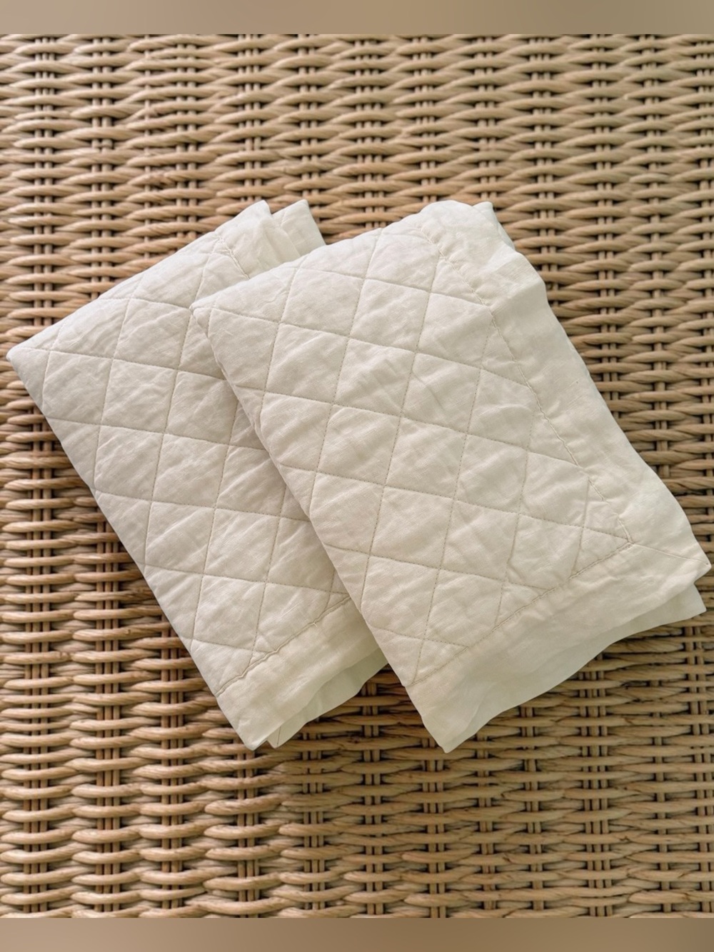 Pottery Barn Linen Ivory Diamond Quilted Euro Shams (Set of Two)